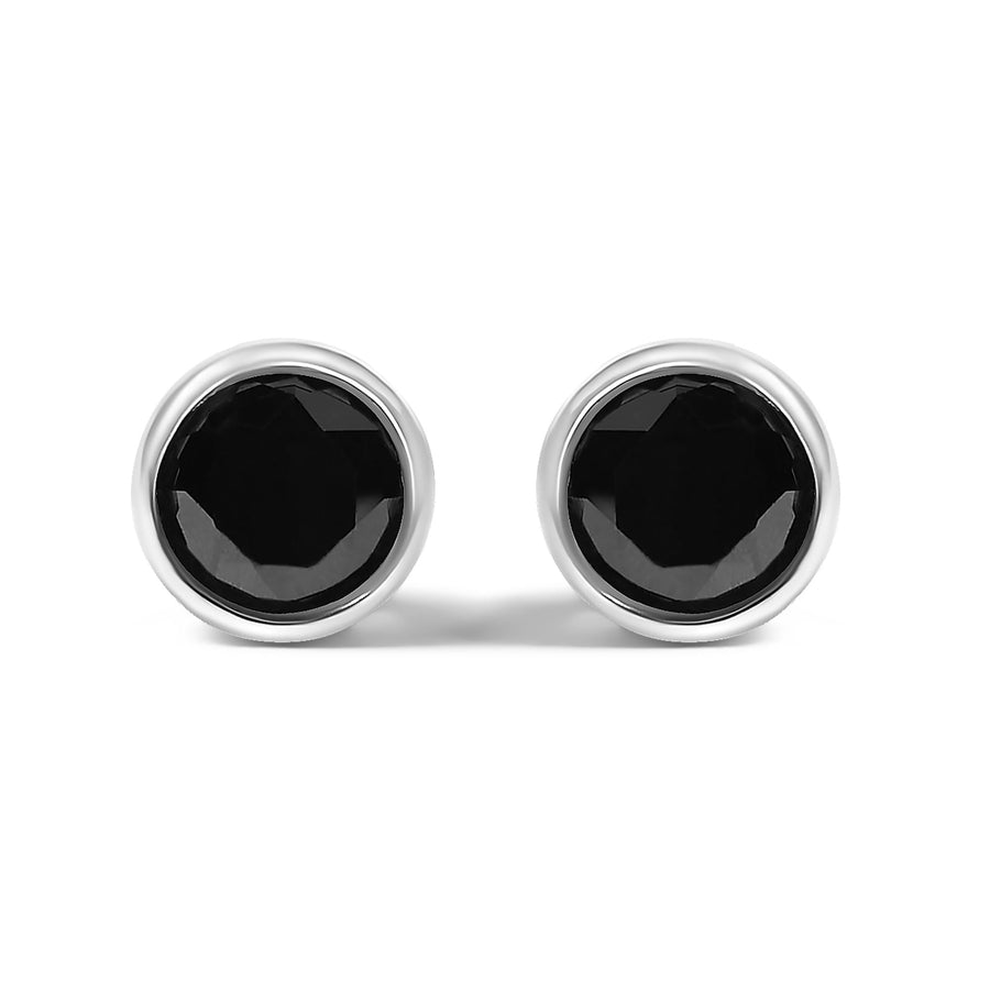 .925 Sterling Silver Round Brilliant-Cut Black Diamond Bezel-Set Stud Earrings with Screw Backs (Fancy Color-Enhanced, I2-I3 Clarity)