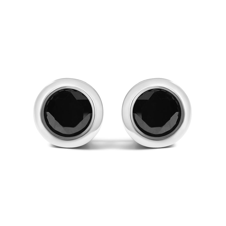 .925 Sterling Silver Round Brilliant-Cut Black Diamond Bezel-Set Stud Earrings with Screw Backs (Fancy Color-Enhanced, I2-I3 Clarity)