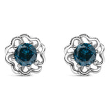 .925 Sterling Silver 1/2 Cttw Blue Diamond with Openwork Floral Halo Stud Earrings-0 thumbnail 1