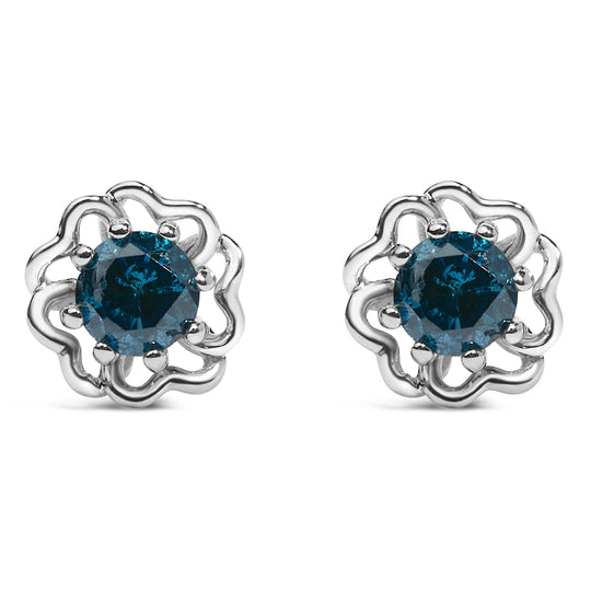 .925 Sterling Silver 1/2 Cttw Blue Diamond with Openwork Floral Halo Stud Earrings-0