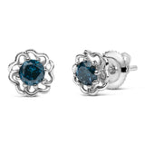 .925 Sterling Silver 1/2 Cttw Blue Diamond with Openwork Floral Halo Stud Earrings-1 thumbnail 2
