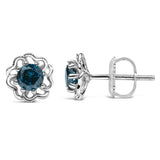 .925 Sterling Silver 1/2 Cttw Blue Diamond with Openwork Floral Halo Stud Earrings-3 thumbnail 4