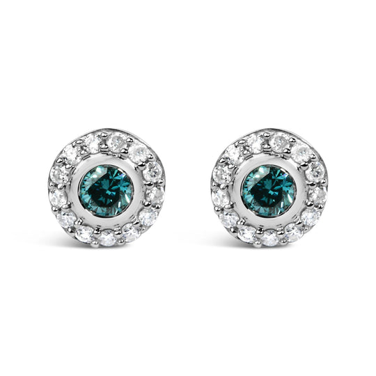 Sterling Silver 1/2 Cttw Round Blue and White Diamond Halo Stud Earrings