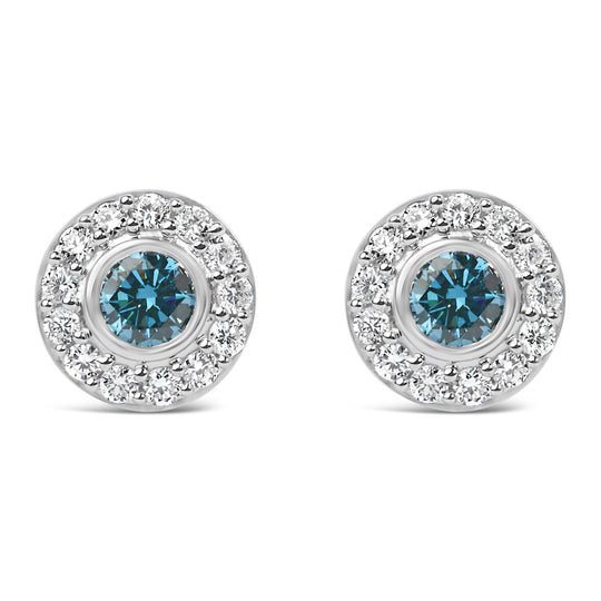 Sterling Silver 1.0 Cttw Blue and White Lab Grown Diamond Round Halo Stud Earrings