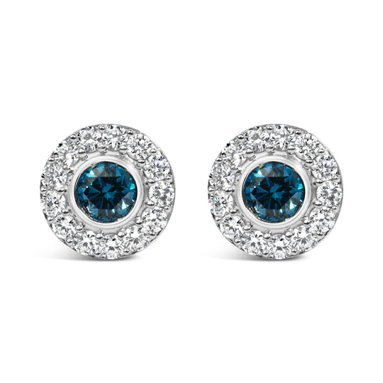 Sterling Silver 1 1/2 Cttw Blue and White Lab Grown Diamond Round Halo Stud Earrings