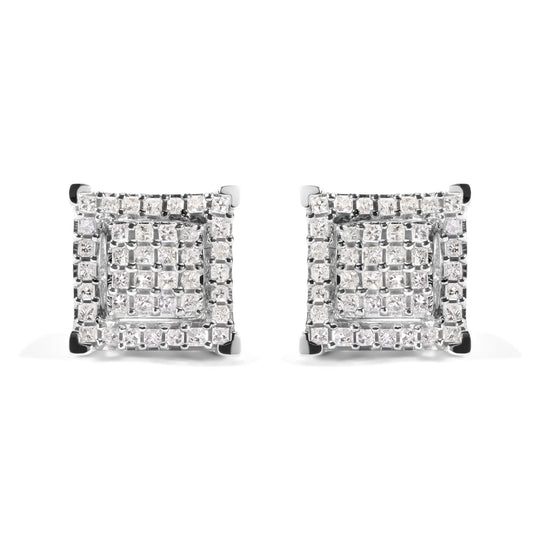 10K white gold ring with princess diamond stones in double square halo setting