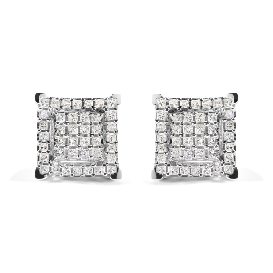 10K White Gold 1 1/4 Cttw Princess Diamond Composite Double Square and Halo Stud Earrings (I-J Color, I1-I2 Clarity)