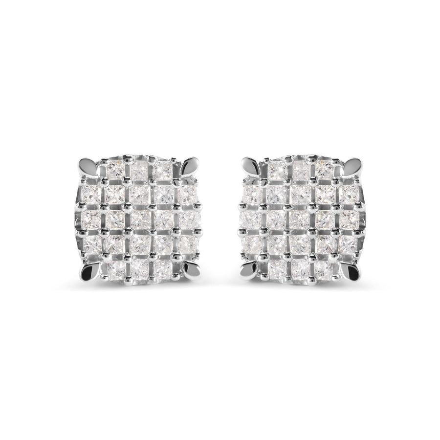 10K White Gold 3/4 Cttw Princess Diamond Composite Cushion Shape Stud Earrings (I-J Color, I1-I2 Clarity)
