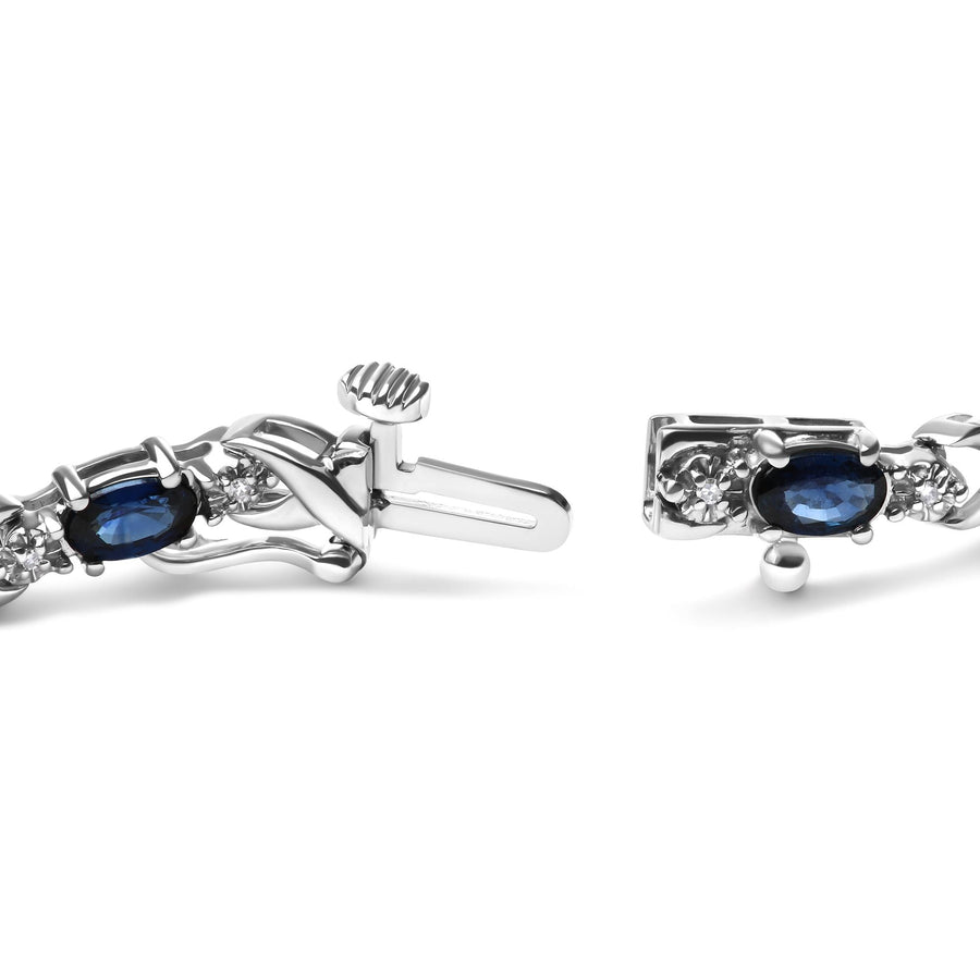 10K White Gold 5x4mm Oval Sapphire Gemstone and 1/10 Cttw Diamond Prong Set 