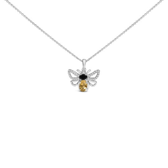 Sterling Silver Citrine, Black Spinel and Lab-Created White Sapphire Bee Pendant Necklace