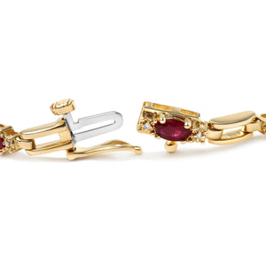 10K Yellow Gold Oval Ruby and 1/10 Cttw Diamond Bar Prong Set Bracelet (H-I Color, SI1-SI2 Clarity)  - Size 7
