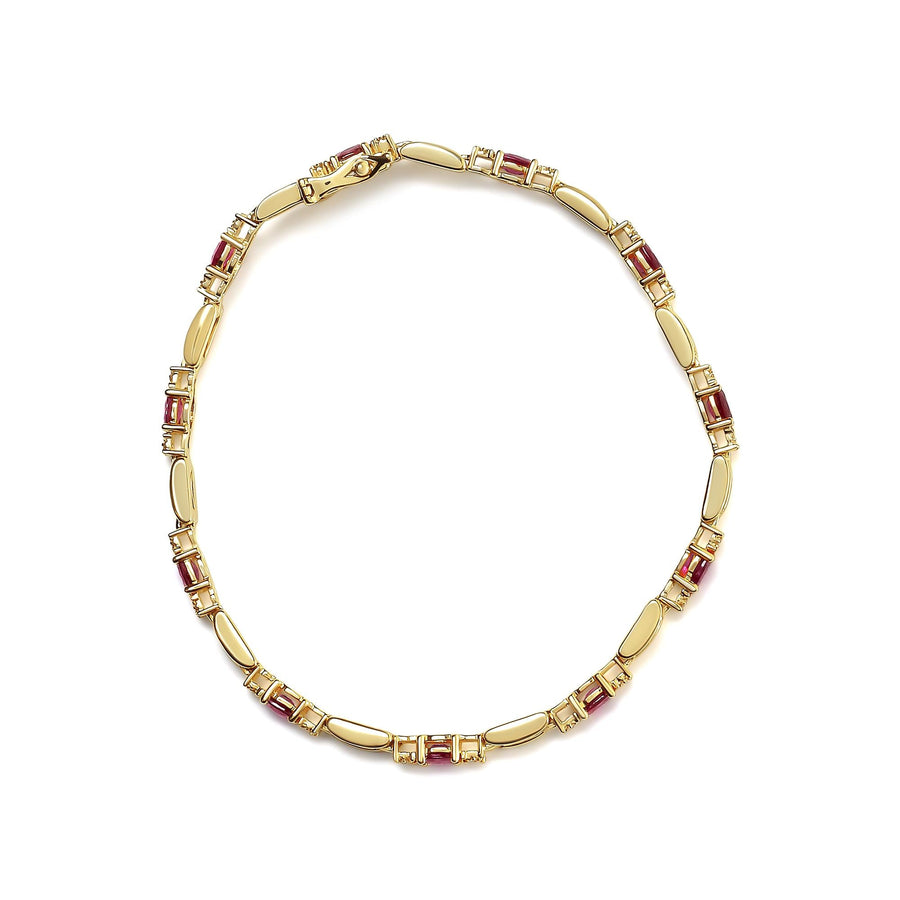 10K Yellow Gold Oval Ruby and 1/10 Cttw Diamond Bar Prong Set Bracelet (H-I Color, SI1-SI2 Clarity)  - Size 7