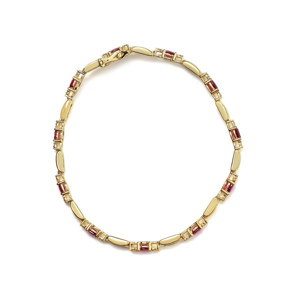 10K Yellow Gold Oval Ruby and 1/10 Cttw Diamond Bar Prong Set Bracelet (H-I Color, SI1-SI2 Clarity)  - Size 7