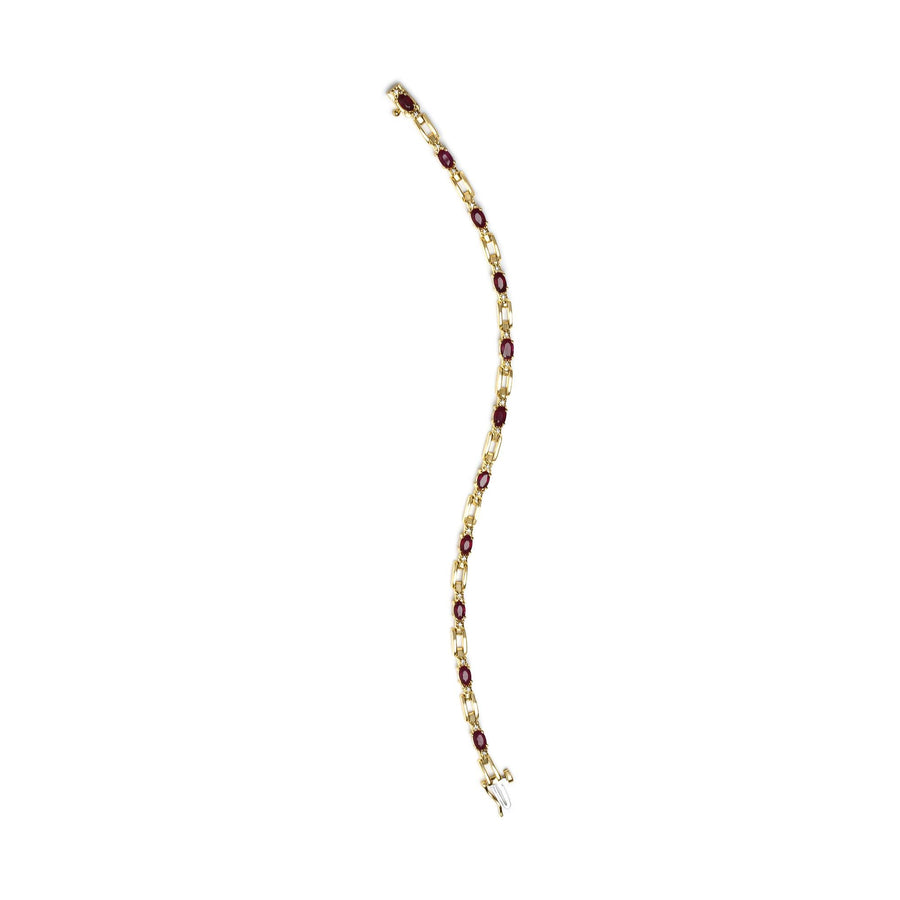 10K Yellow Gold Oval Ruby and 1/10 Cttw Diamond Bar Prong Set Bracelet (H-I Color, SI1-SI2 Clarity)  - Size 7