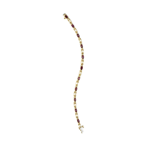 10K Yellow Gold Oval Ruby and 1/10 Cttw Diamond Bar Prong Set Bracelet (H-I Color, SI1-SI2 Clarity)  - Size 7