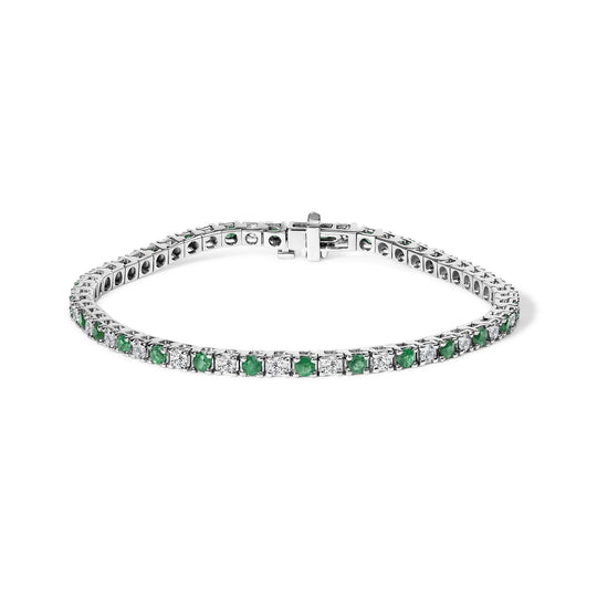 14K White Gold Alternating 1 1/2 Cttw Diamond and Emerald Tennis Bracelet-0