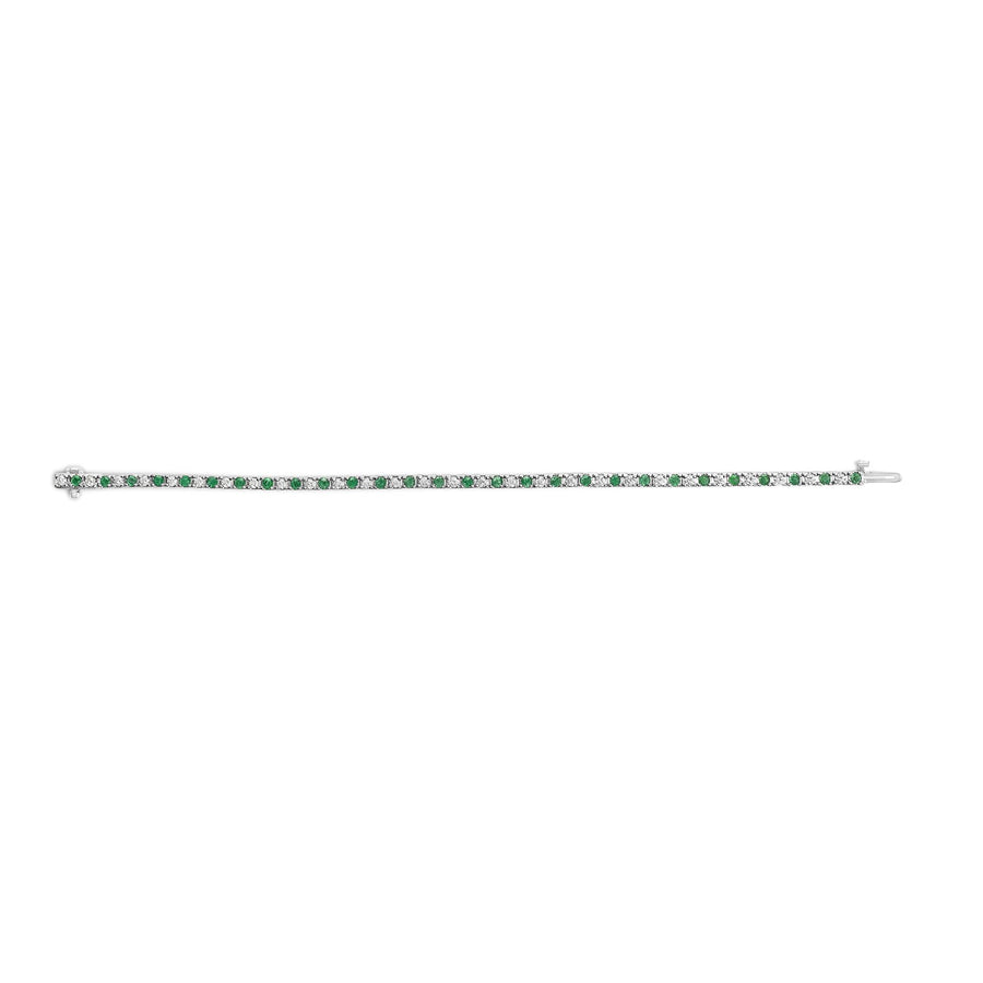 14K White Gold Alternating 1 1/2 Cttw Diamond and Emerald Tennis Bracelet