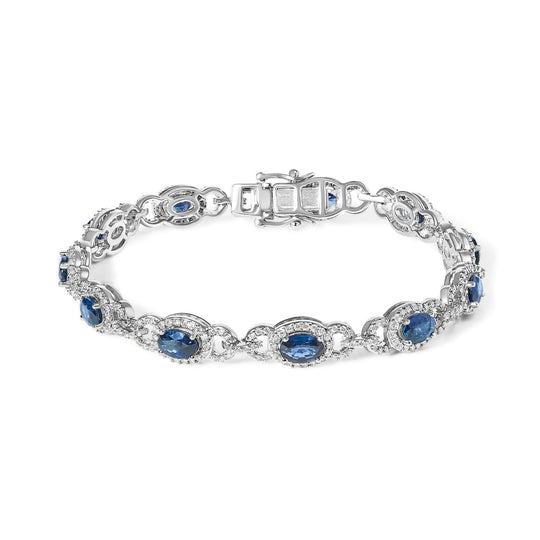 14K white gold bracelet with oval blue sapphire and diamond stones