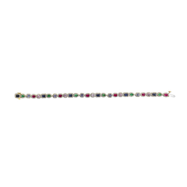 14K Yellow Gold Multi-Gemstone  and Diamond Halo Rainbow Tennis Bracelet