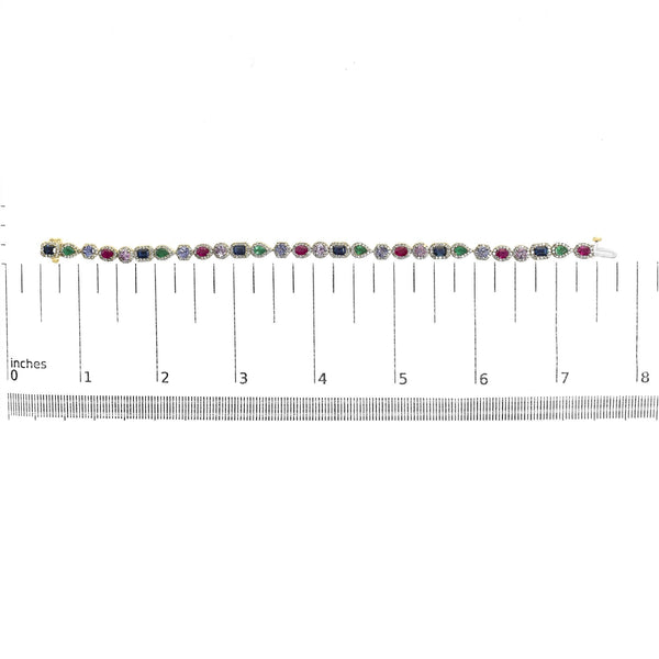 14K Yellow Gold Multi-Gemstone  and Diamond Halo Rainbow Tennis Bracelet
