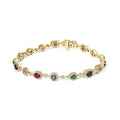 14K yellow gold bracelet with round multi-gemstone stones in diamond halos