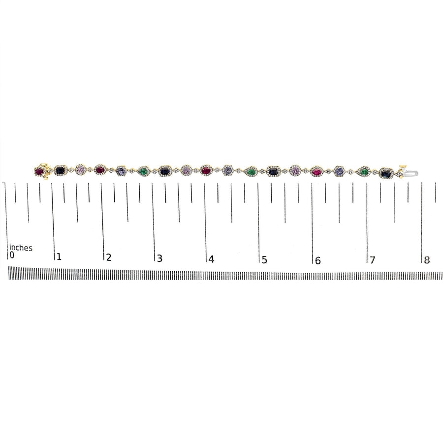 14K Yellow Gold Multi-Gemstone  and Diamond Halo Rainbow Link Bracelet