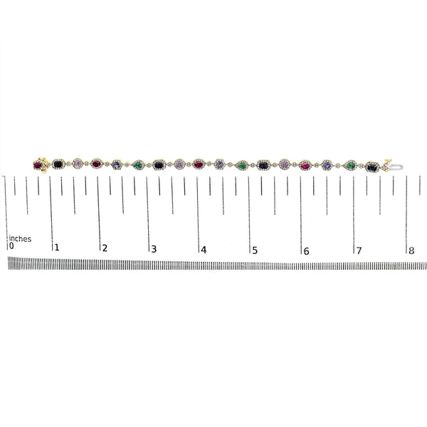 14K Yellow Gold Multi-Gemstone  and Diamond Halo Rainbow Link Bracelet