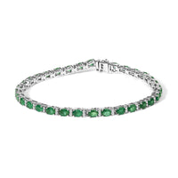 14K White Gold Alternating Oval Green Emerald and Diamond Tennis Bracelet