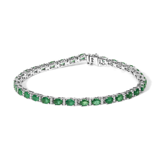 14K White Gold Alternating Oval Green Emerald and Diamond Tennis Bracelet-0