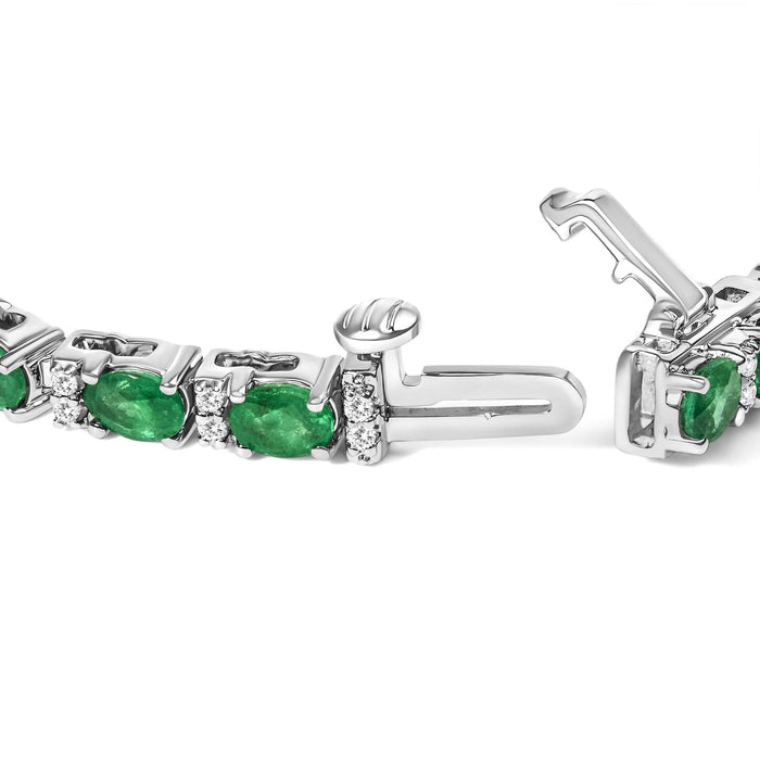 14K White Gold Alternating Oval Green Emerald and Diamond Tennis Bracelet
