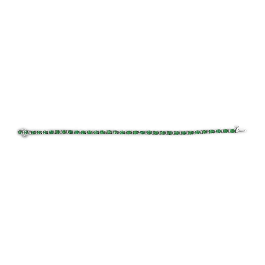 14K White Gold Alternating Oval Green Emerald and Diamond Tennis Bracelet
