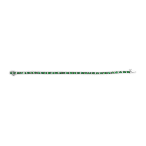 14K White Gold Alternating Oval Green Emerald and Diamond Tennis Bracelet