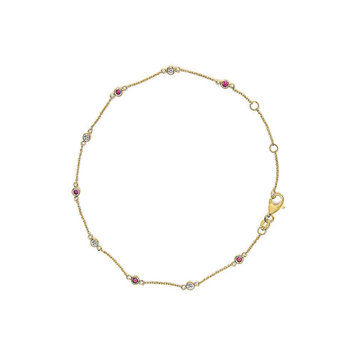 14K Yellow Gold Alternating Red Ruby and White Diamond Bezel Station Chain Bracelet (I-J Color, SI2-I1 Clarity) - 8