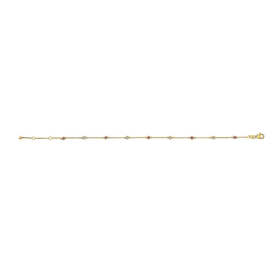 14K Yellow Gold Alternating Red Ruby and White Diamond Bezel Station Chain Bracelet (I-J Color, SI2-I1 Clarity) - 8