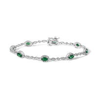 10K White Gold Oval Green Emerald & Diamond Alternating Link Bracelet
