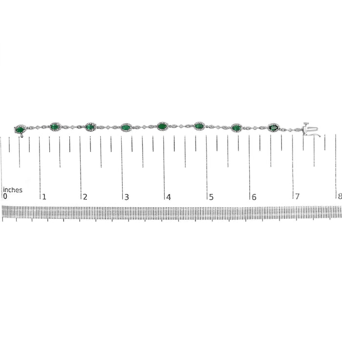 10K White Gold Oval Green Emerald & Diamond Alternating Link Bracelet