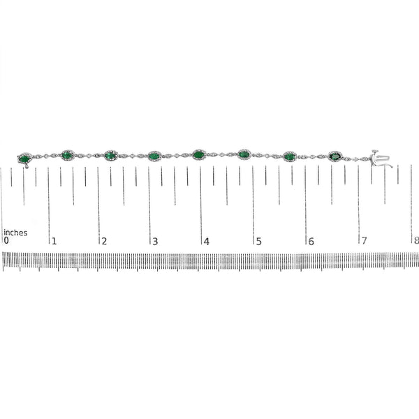 10K White Gold Oval Green Emerald & Diamond Alternating Link Bracelet