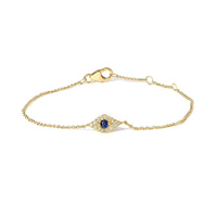 10K Yellow Gold Blue Sapphire and Diamond Accent Evil Eye Station Link Bracelet  (H-I Color, I1-I2 Clarity) - Size 7