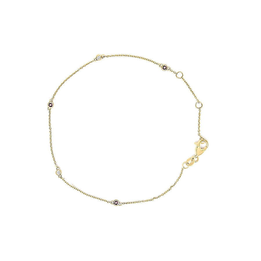 14K Yellow Gold Alternating Red Ruby and White Diamond Bezel Station Chain Bracelet (I-J Color, SI2-I1 Clarity) - 7.5