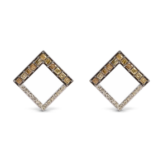 10K White Gold 1 Cttw Champagne and White Diamond Geometric Stud Earrings