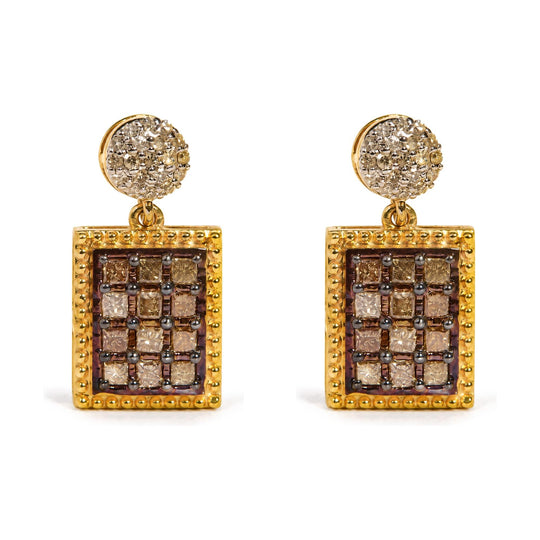 10K Yellow Gold 1.00 Cttw Champagne Diamond Checkerboard Drop Earrings