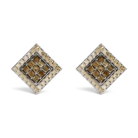 10K White Gold 2-1/4 Cttw Champagne Diamond Square Motif Stud Earrings