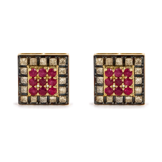 10K Yellow Gold Red Ruby and 1 1/4 Cttw Champagne Diamond Square Motif Stud Earrings