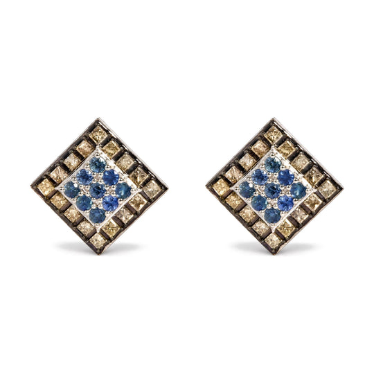 10K White Gold Sapphire and 1 3/8 Cttw Champagne Diamond Geometric Stud Earrings