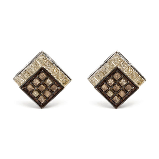 10K White Gold 1 1/3 Cttw Champagne Diamond Square Motif Stud Earrings