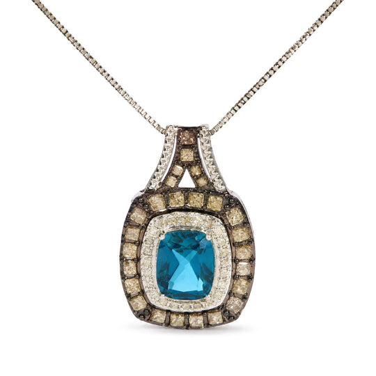 10K White Gold Lab-Created Cushion Blue Topaz & 1 7/8 Cttw Diamond Double Halo Pendant Necklace