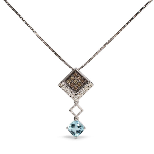 10K White Gold 5/8 Cttw Diamond and Created Cushion Blue Topaz Geometric Drop Pendant Necklace