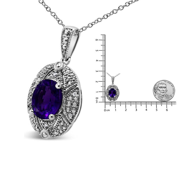 .925 Sterling Silver Diamond Accent and 9x7mm Purple Oval Amethyst Gemstone Pendant 18