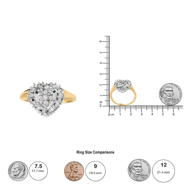 10K Yellow Gold 1/4 Cttw Round and Baguette cut Diamond Heart Shape Ballerina Ring (H-I Color, I1-I2 Clarity)
