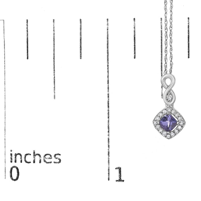 10K White Gold Blue Purple Tanzanite and Diamond Accent Cushion Drop Pendant Necklace - 18